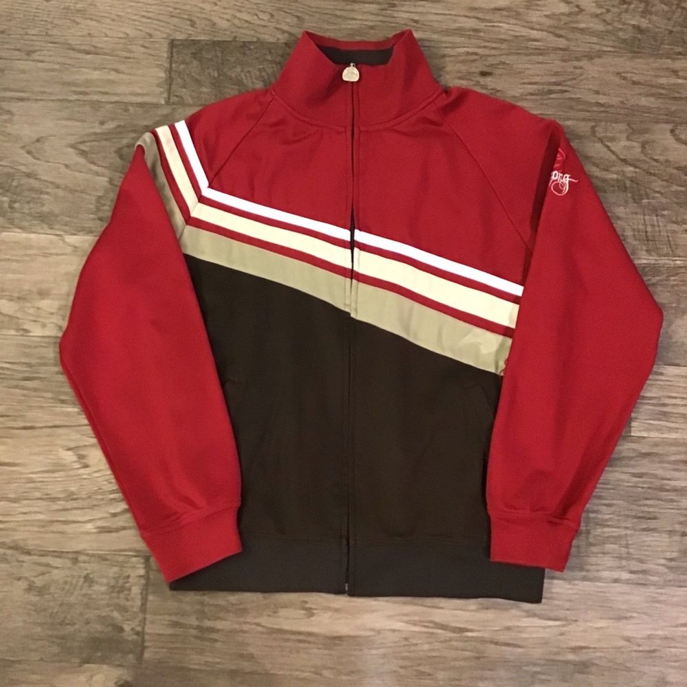 Billabong Men’s Zip Up Red and Brown Striped Long Seeve Jacket Size Large